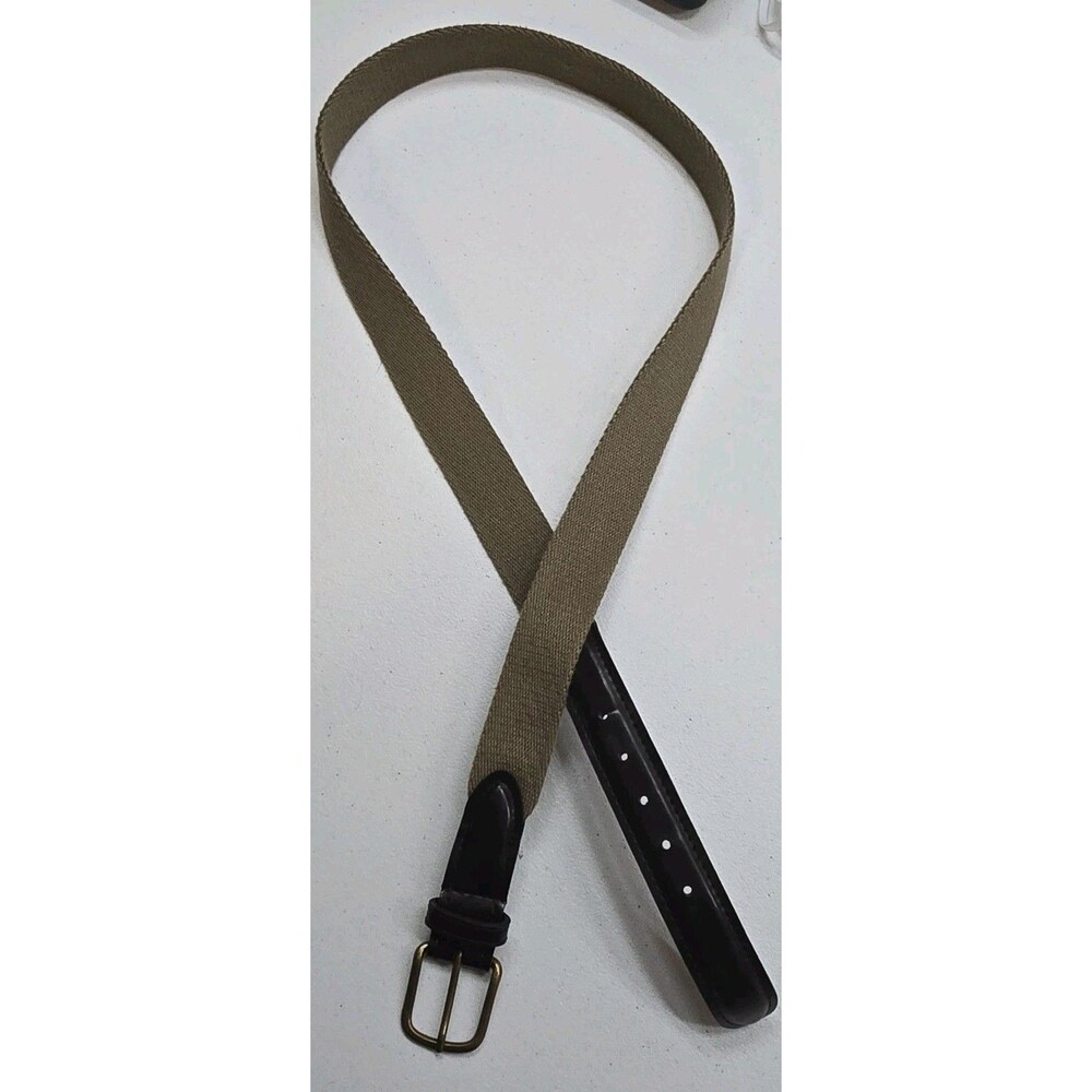 Khaki Brown Cotton Woven Belt Mens 40 Tan With Brown Leather Ends Gold Buckle